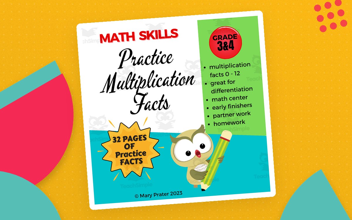 Multiplication Facts Practice Packet cover with 32-page booklet, owl, and dice/spinner callouts.