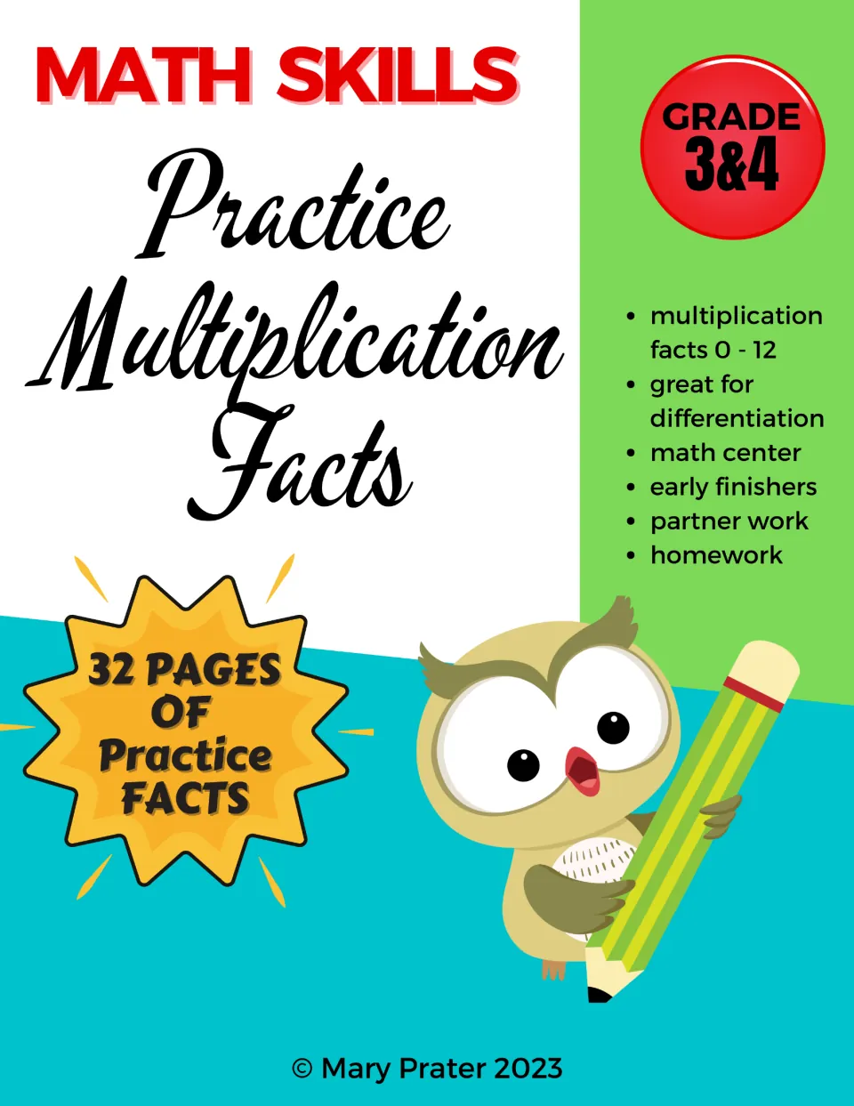 Multiplication facts 0-12 cover with an owl holding a pencil, listing math center, early finishers, partner work and homework