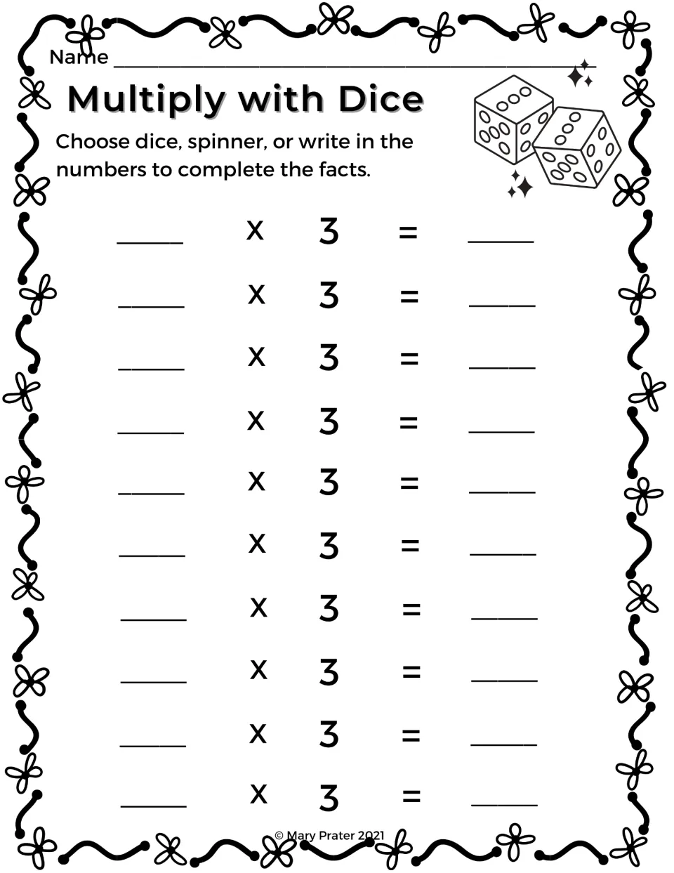 Multiply with Dice, threes facts: students fill in a rolled factor, times 3, and solve 10 multiplication equations