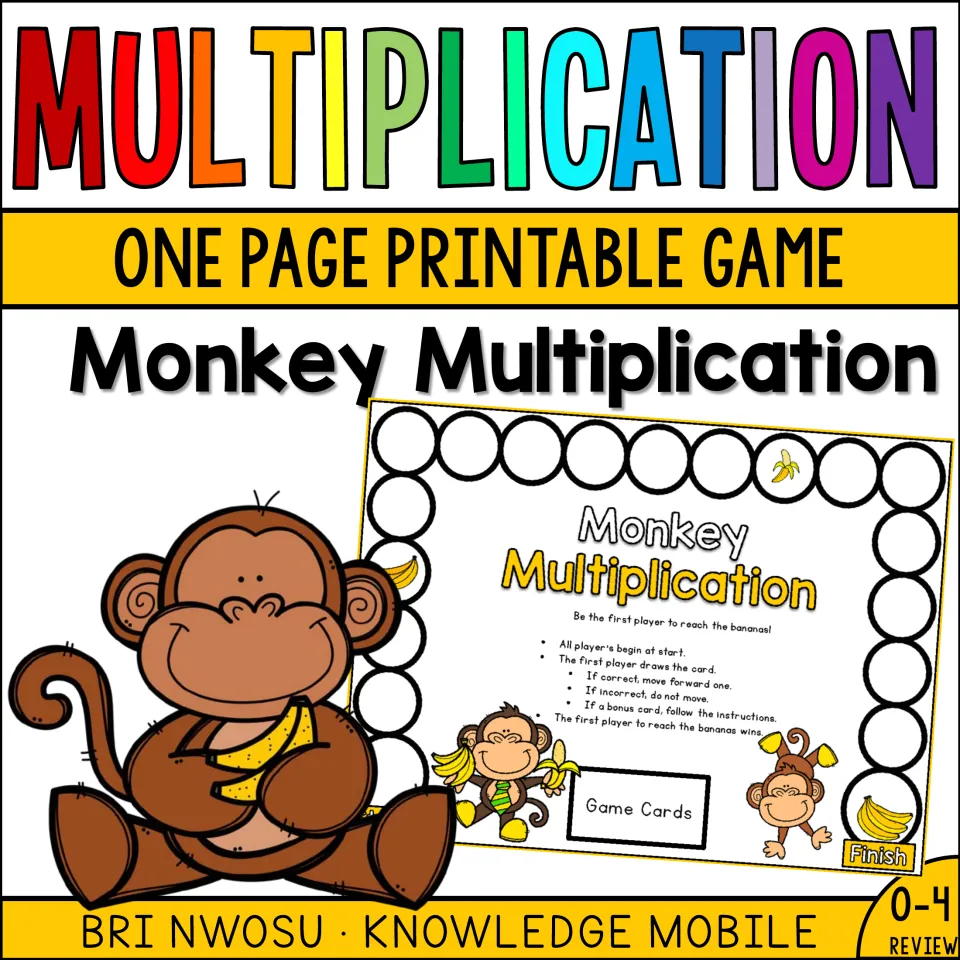 Monkey Multiplication cover: one-page printable board game for reviewing 0-4 times tables, showing the board and a monkey