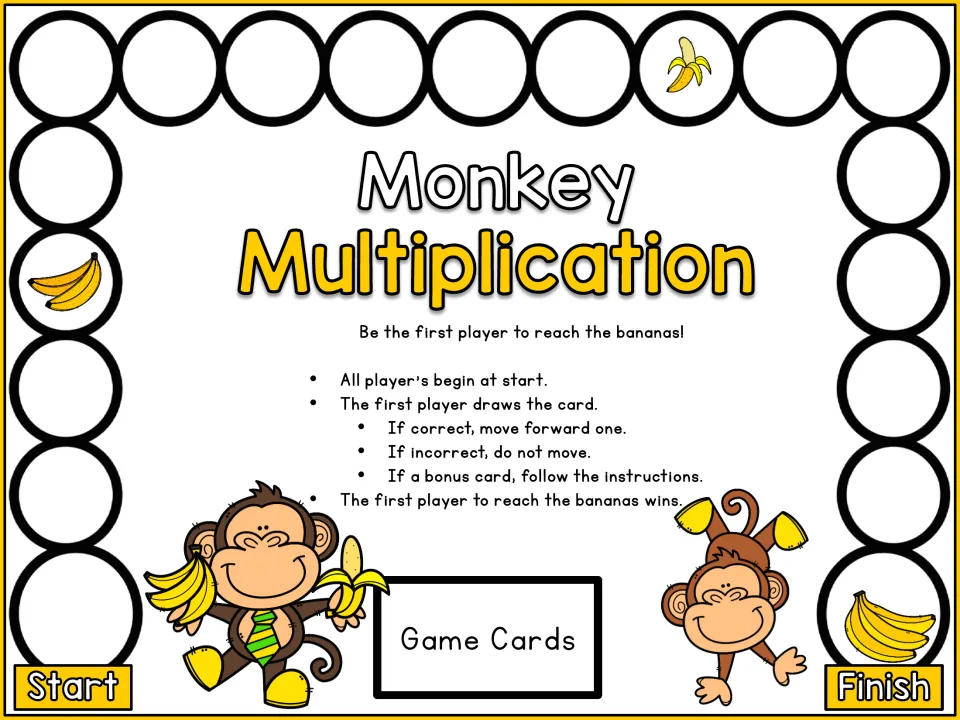 Monkey Multiplication game board: players draw fact cards and move around the circles from Start to the bananas at Finish