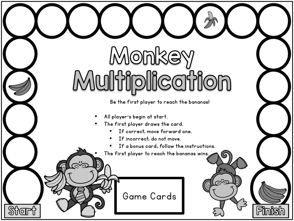 Black-and-white Monkey Multiplication board: race from Start to Finish by answering drawn fact cards correctly to move ahead