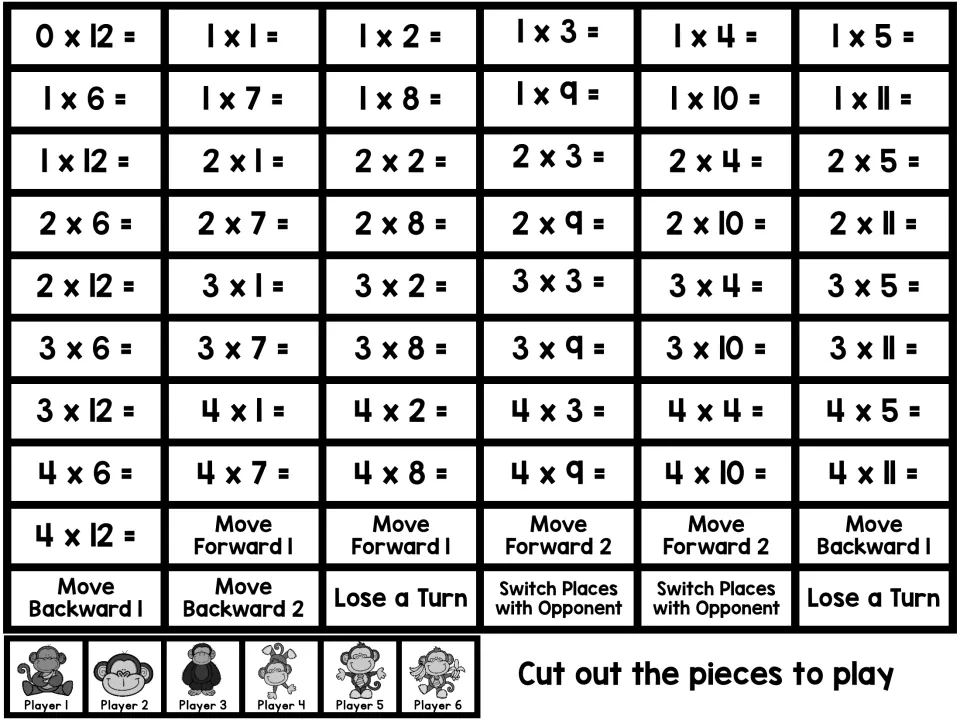 Black-and-white cut-out cards: 0-4 multiplication facts, bonus moves like Switch Places with Opponent, and monkey tokens