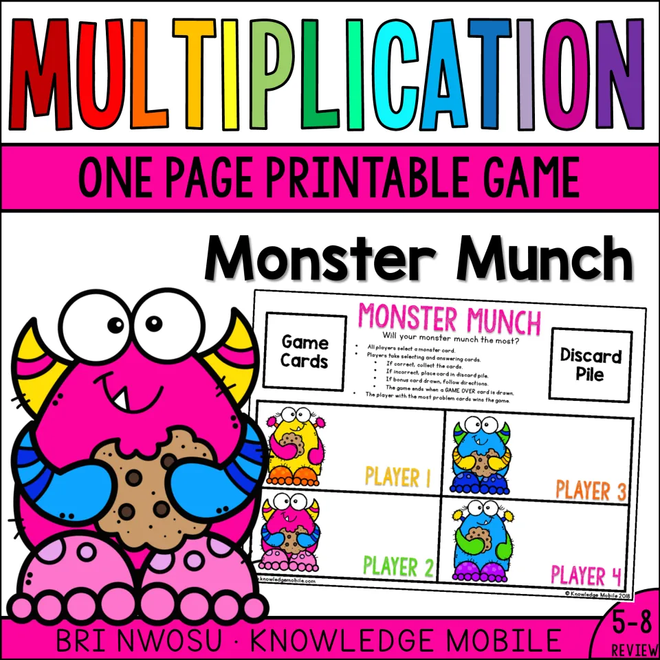 Monster Munch cover: one page printable multiplication game for 5-8 review, showing a game board with four monster players