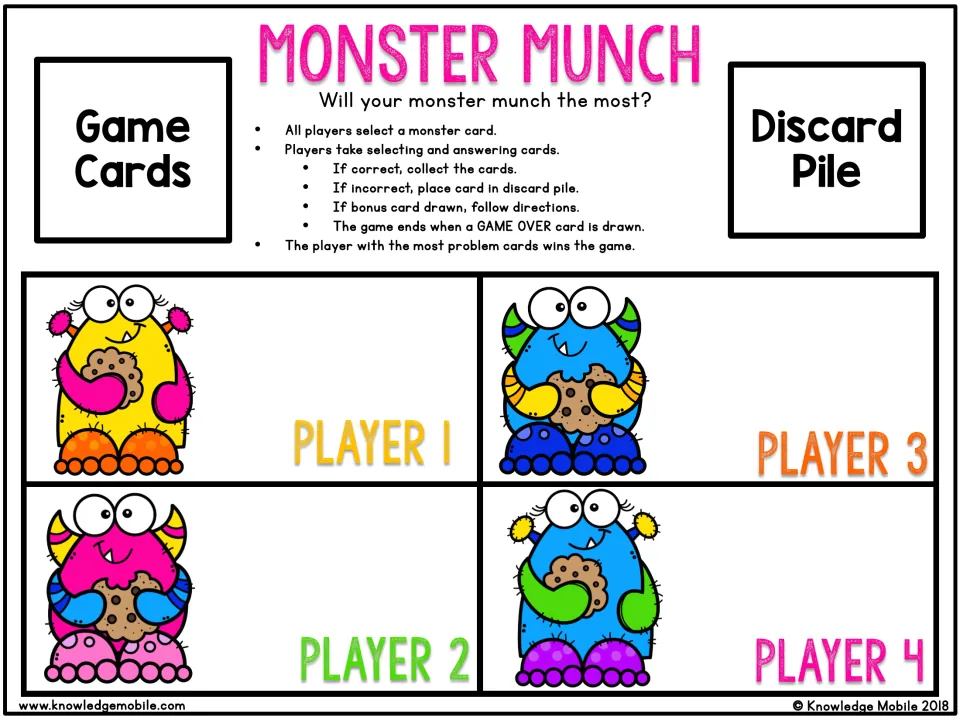 Monster Munch color game board: rules, game card and discard spots, and four monster seats for collecting solved cards