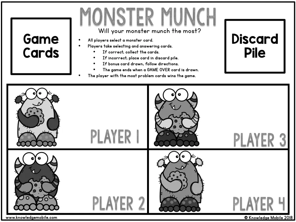 Monster Munch black-and-white game board with rules, game card and discard pile spots, and four monster player spaces