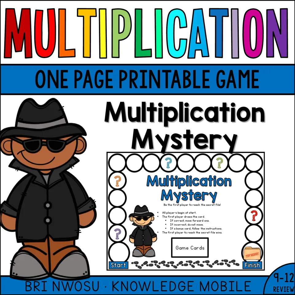 Multiplication Mystery cover: a one-page printable board game for reviewing the 9-12 times tables, with a detective