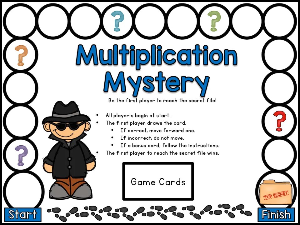 Color detective game board: players move from Start to the secret file Finish, answering game cards to advance