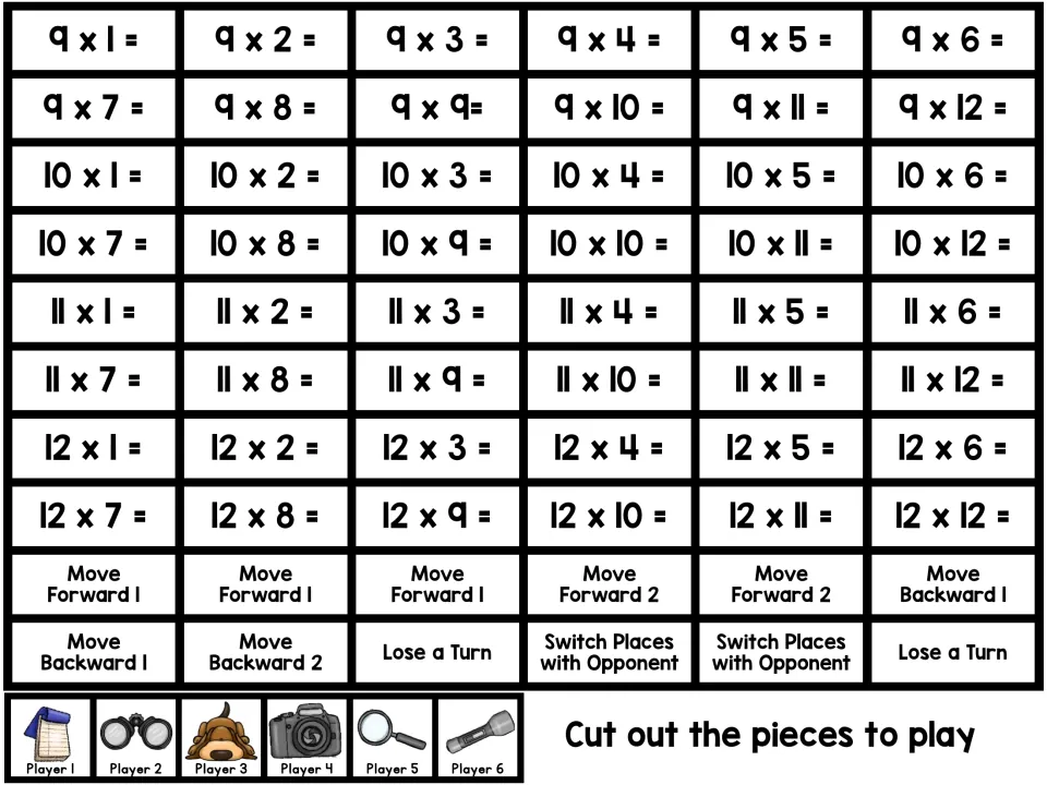 Game card cut-outs: 48 facts from 9 x 1 to 12 x 12, bonus cards like Lose a Turn, and six detective player tokens