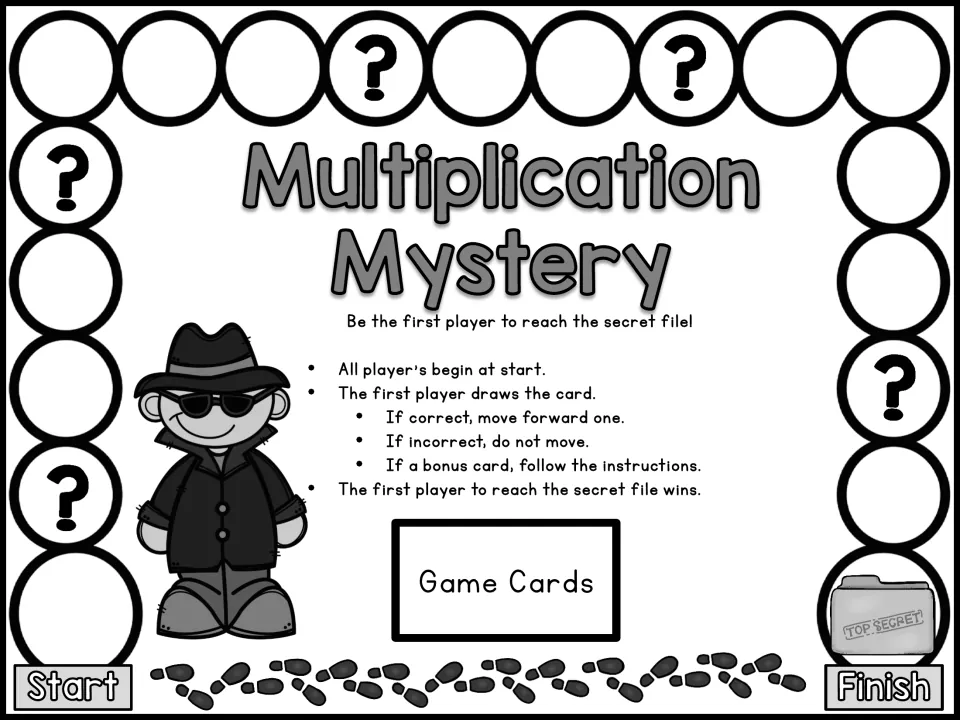 Black-and-white version of the detective board with Start, a Finish secret file, question-mark spaces and game rules