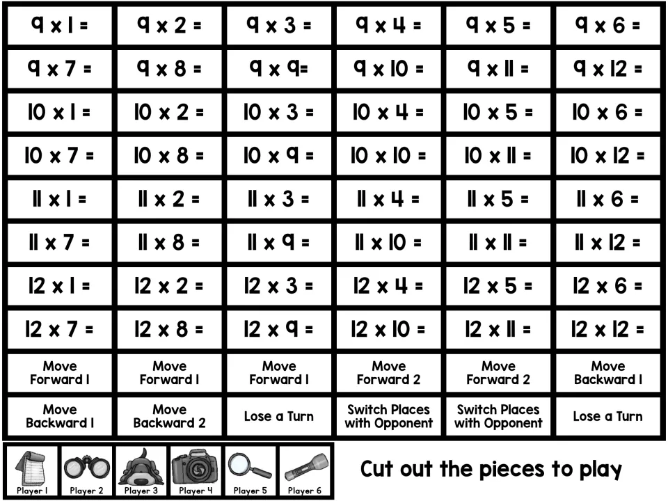 Black-and-white fact cards and player tokens: 9 to 12 times table facts plus move, swap and lose-a-turn bonus cards