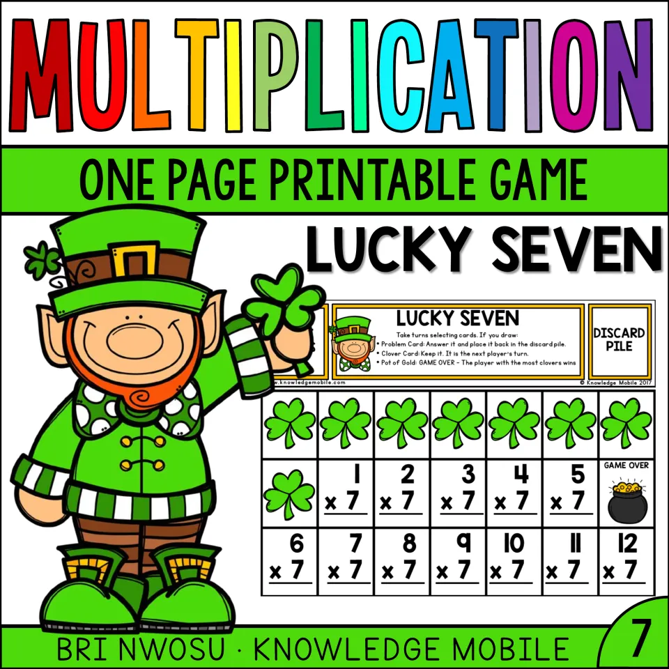 Lucky Seven cover: a one-page printable multiplication game with clover cards, 1 x 7 to 12 x 7 cards and a pot of gold