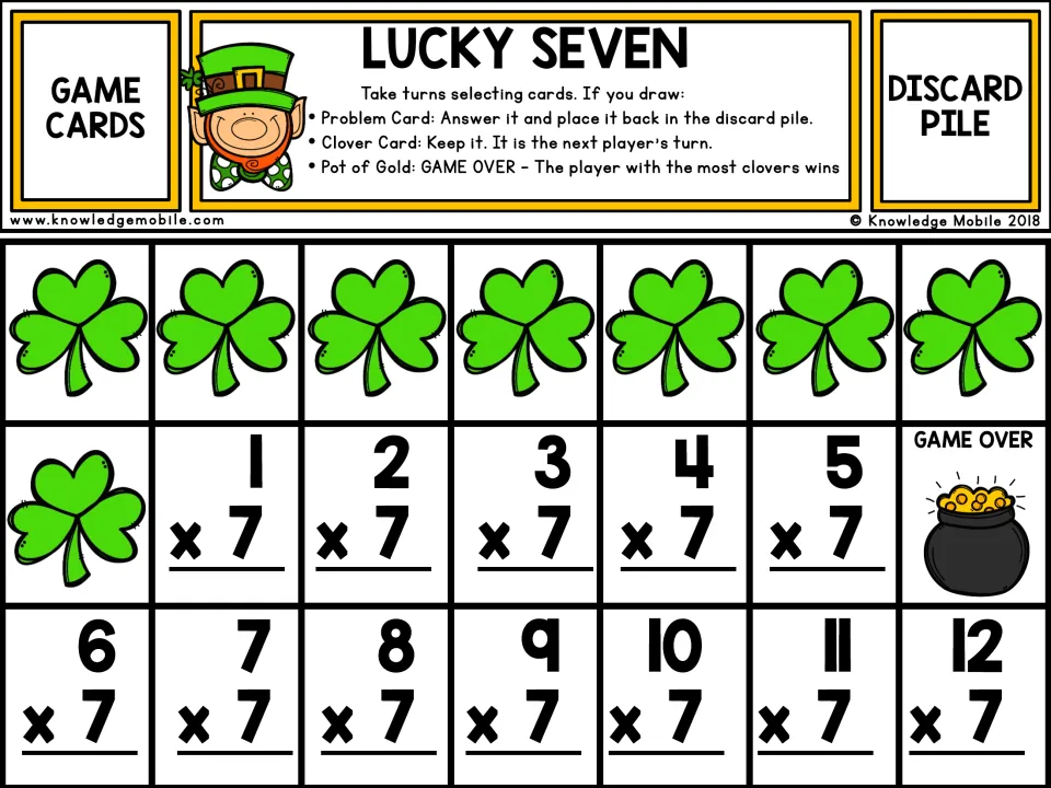 Lucky Seven game in color: players draw 7s fact cards from 1 x 7 to 12 x 7, keep clover cards and stop at the pot of gold