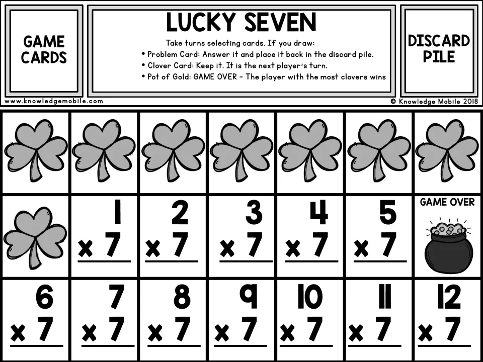 Lucky Seven game in black and white: the same 7s fact cards, clover cards and Game Over card plus the drawing rules