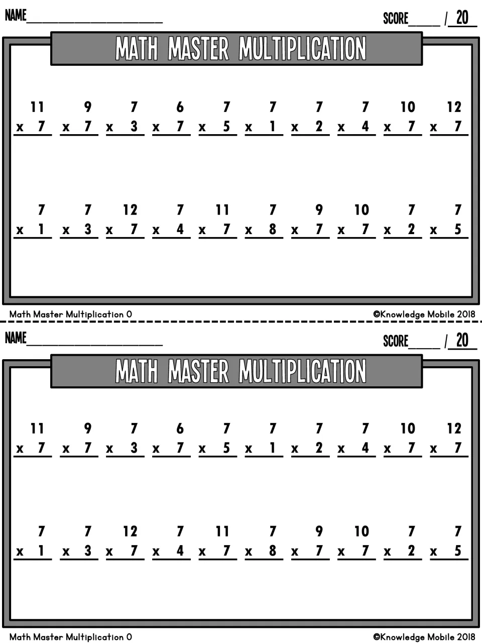 Math Master Multiplication quiz O: two copies of 20 mixed 7s facts, such as 11 x 7 and 7 x 8, each with a score out of 20