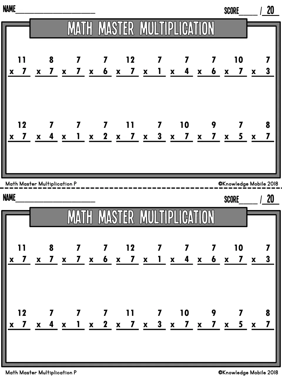 Math Master Multiplication quiz P: two copies of 20 reordered 7s facts, including 8 x 7 and 7 x 6, each scored out of 20
