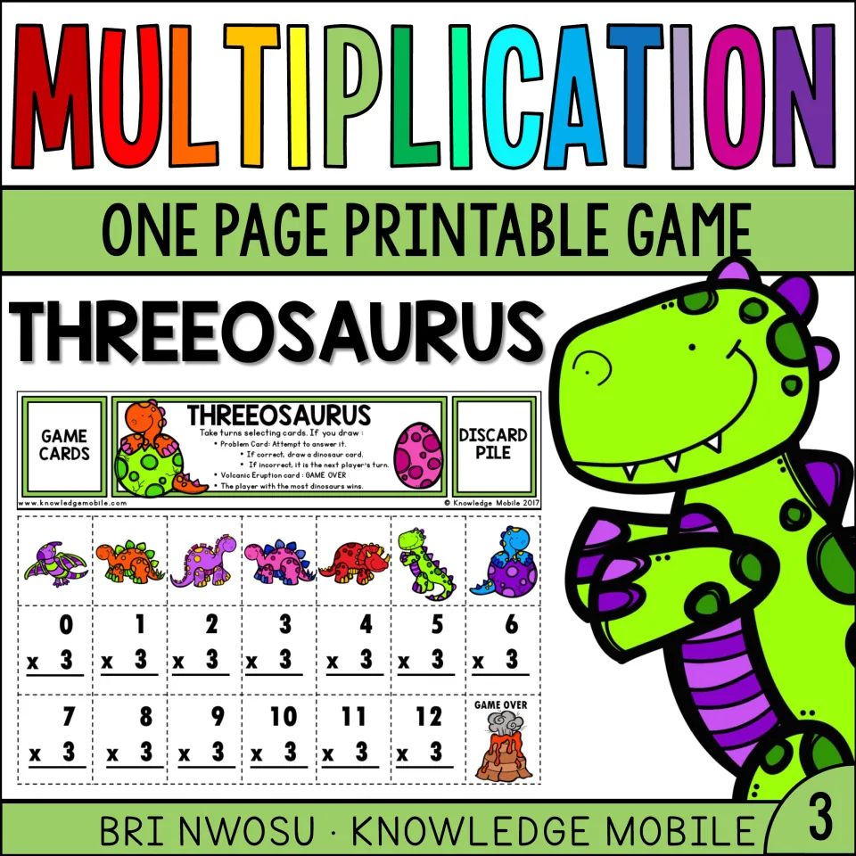 Threeosaurus multiplication cover: a one-page printable dinosaur card game for the 3 times facts, 0 x 3 through 12 x 3