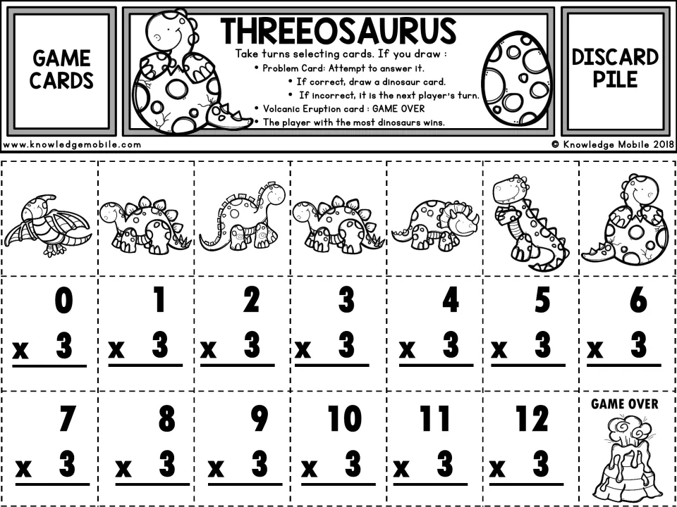Black-and-white Threeosaurus game sheet: dinosaur cards, 0 x 3 to 12 x 3 fact cards and a GAME OVER volcano to color