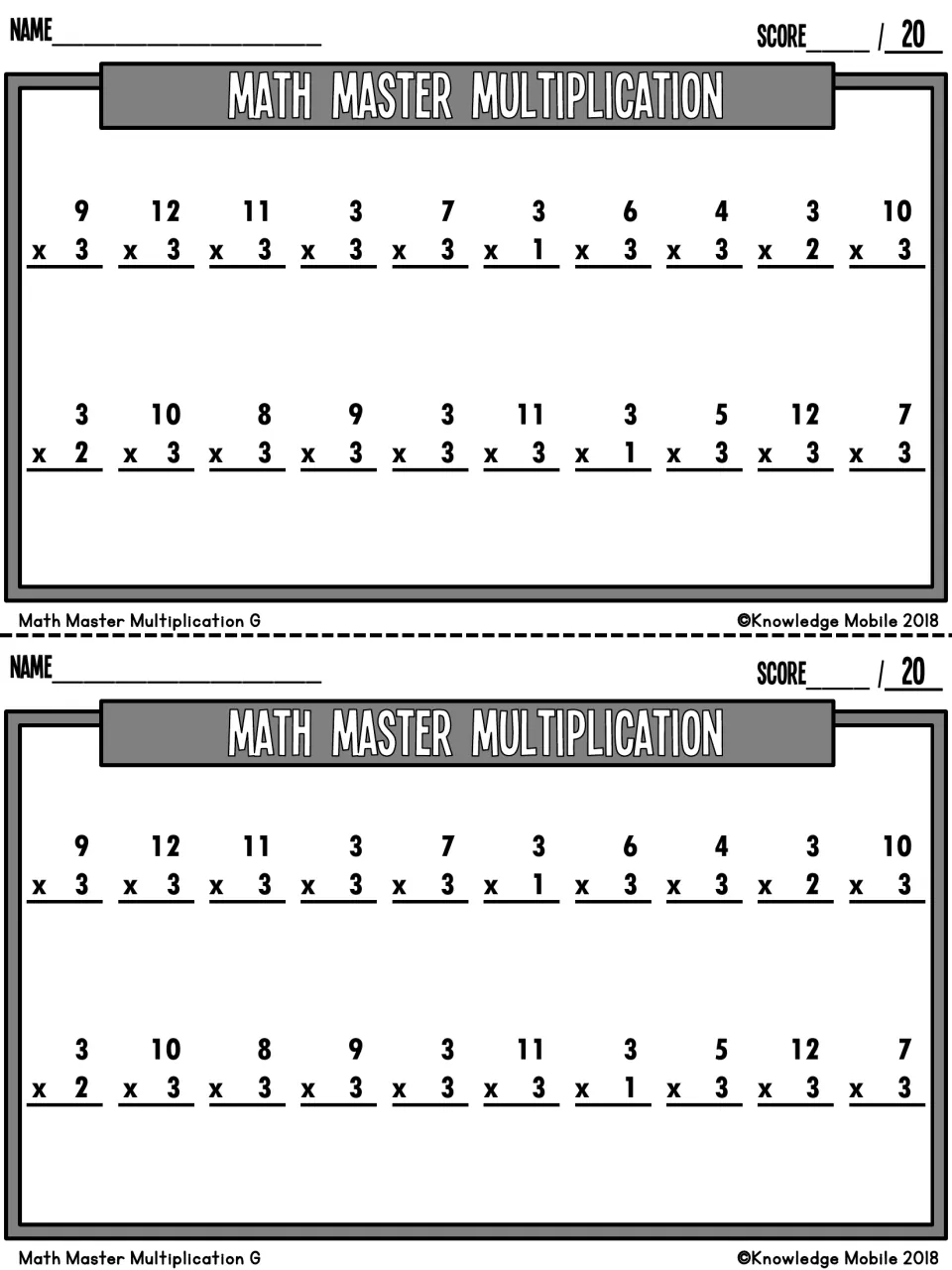 Math Master Multiplication G: students solve 20 vertical facts for the 3s, such as 9 x 3 and 12 x 3, and record a score