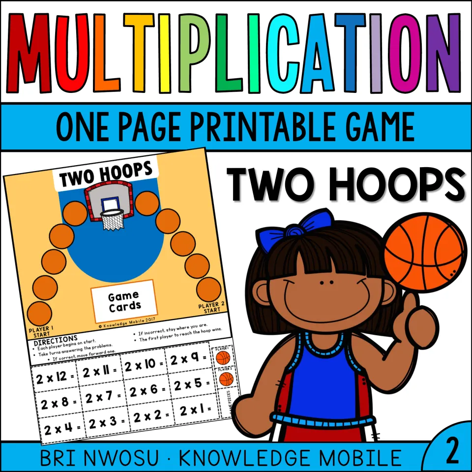 Two Hoops multiplication cover: printable basketball game board with 2 times facts cards and a girl spinning a ball