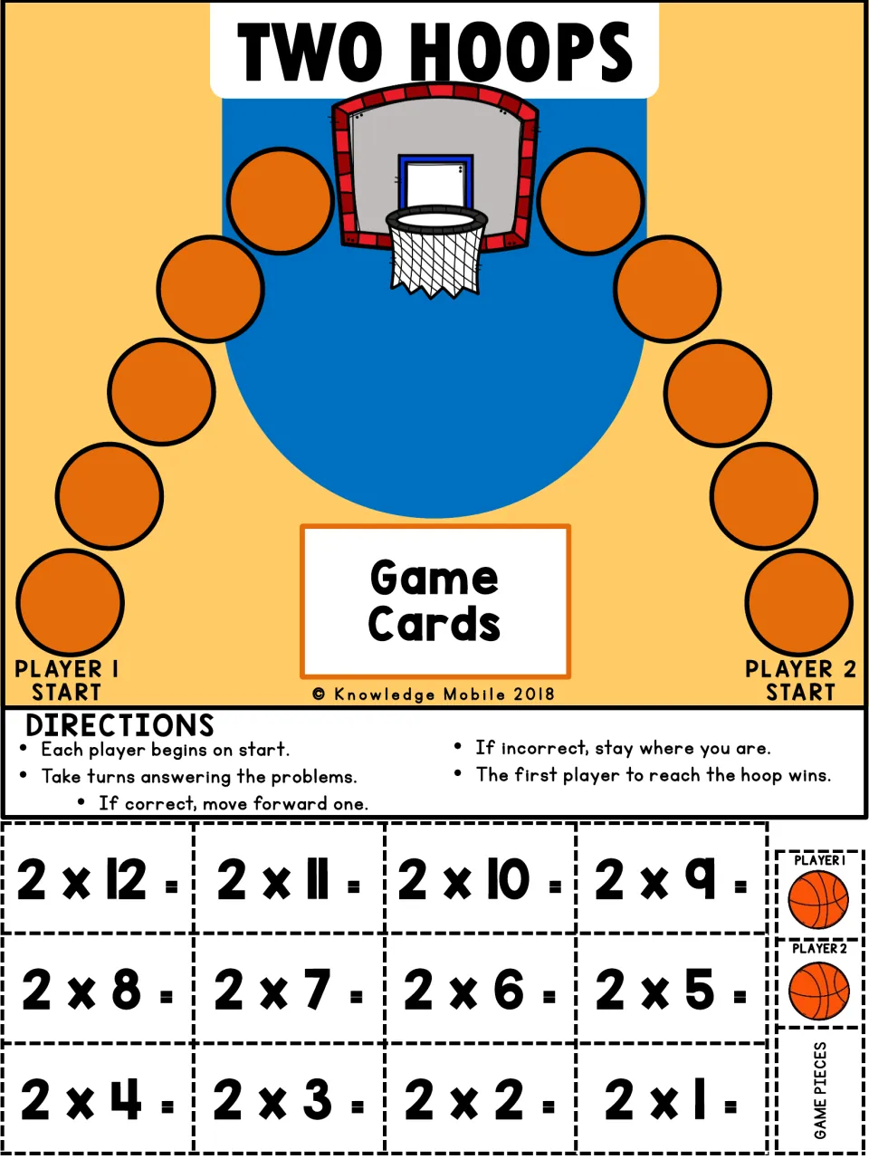 Two Hoops color board: two players race up basketball spaces to the hoop by answering 2s fact cards from 2x1 to 2x12
