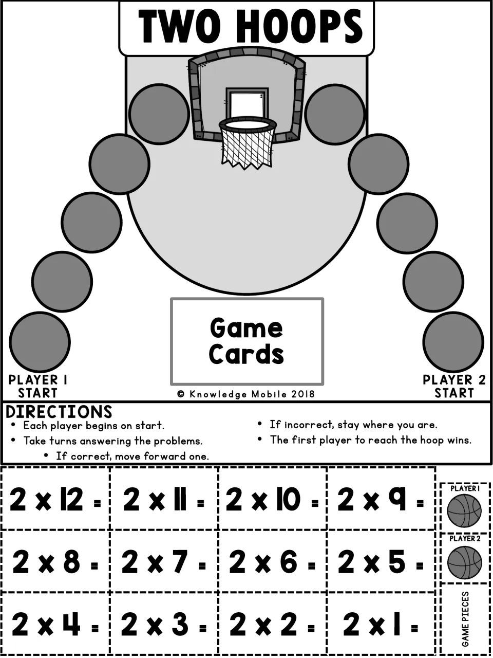 Black-and-white Two Hoops board: players take turns answering 2s fact cards, moving ahead one space per correct answer