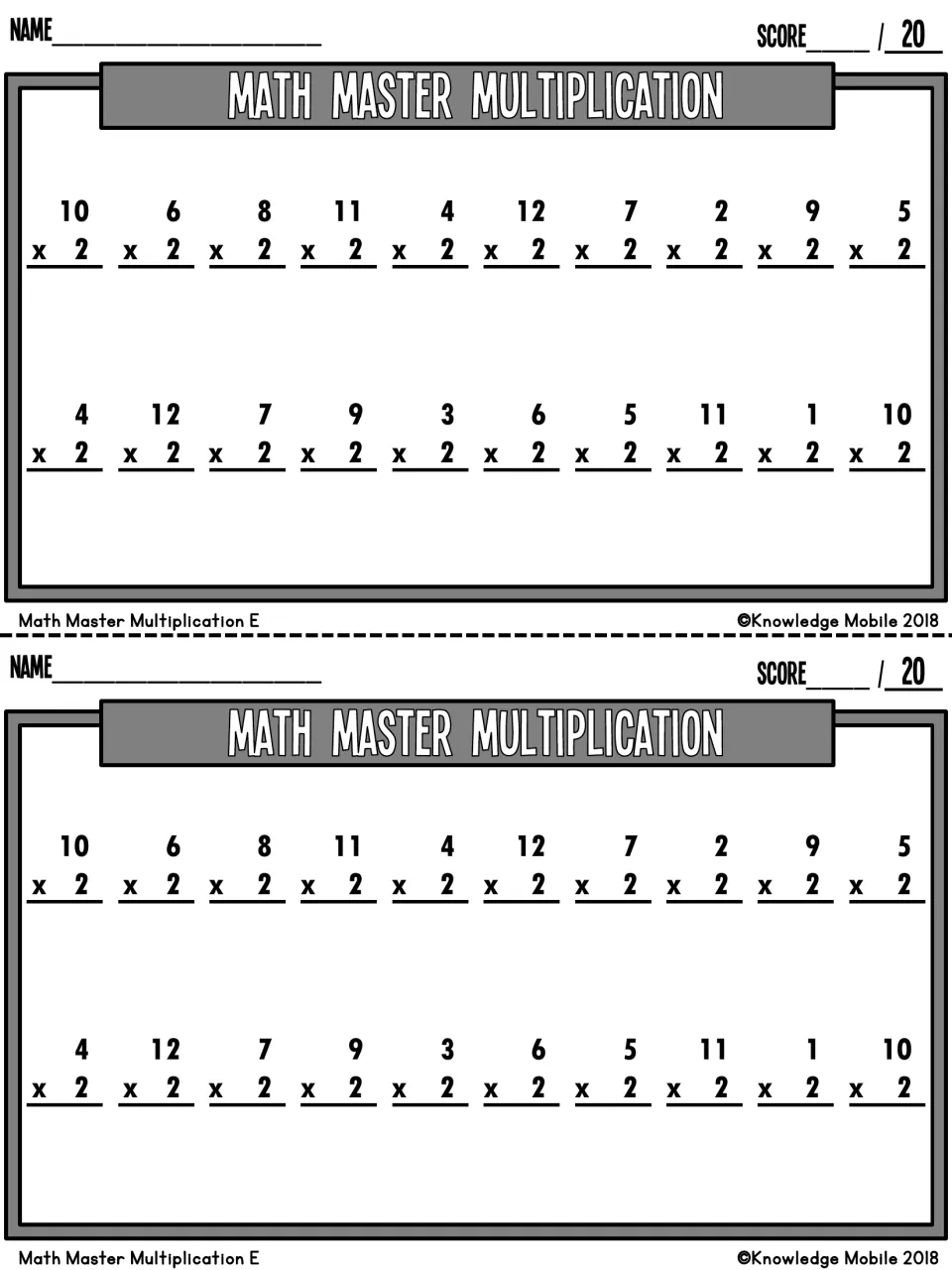 Math Master Multiplication E quiz: students solve 20 vertical 2 times facts such as 10x2 and 6x2, scored out of 20