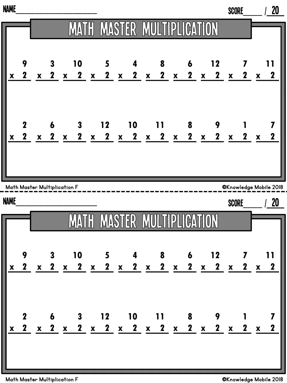 Math Master Multiplication F quiz: 20 more vertical multiply-by-2 facts in a new order starting with 9x2 and 3x2