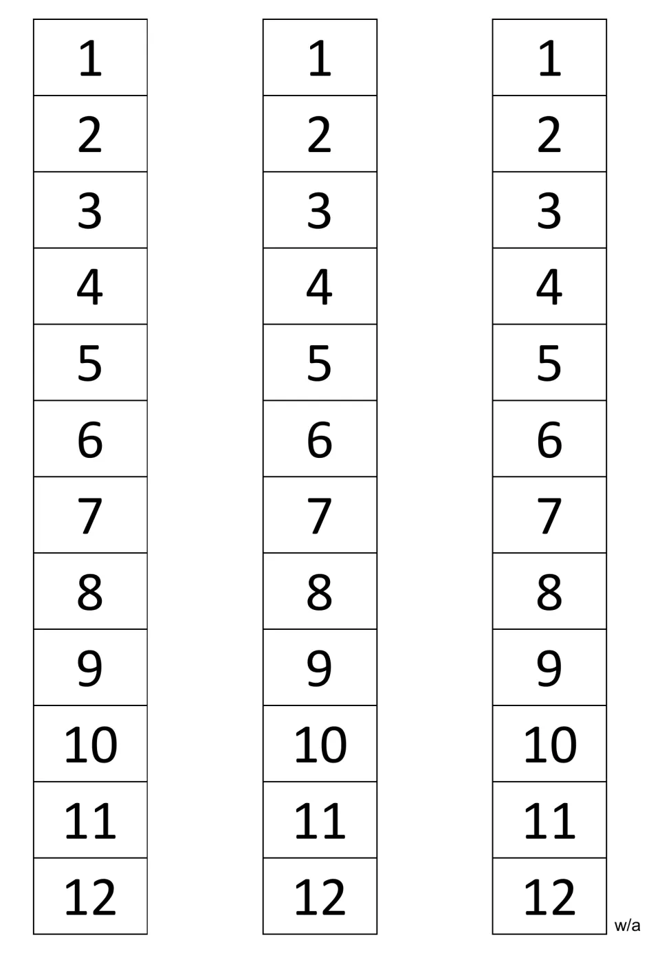 Math writing strips showing the complete sequence from 1 through 12 in solid print, repeated three times.