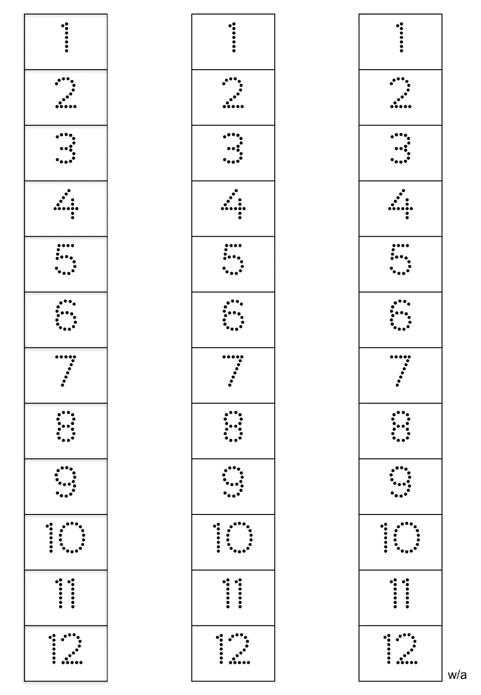 Number tracing strips showing 1 through 12 in closely spaced dots, with three complete copies on the sheet.