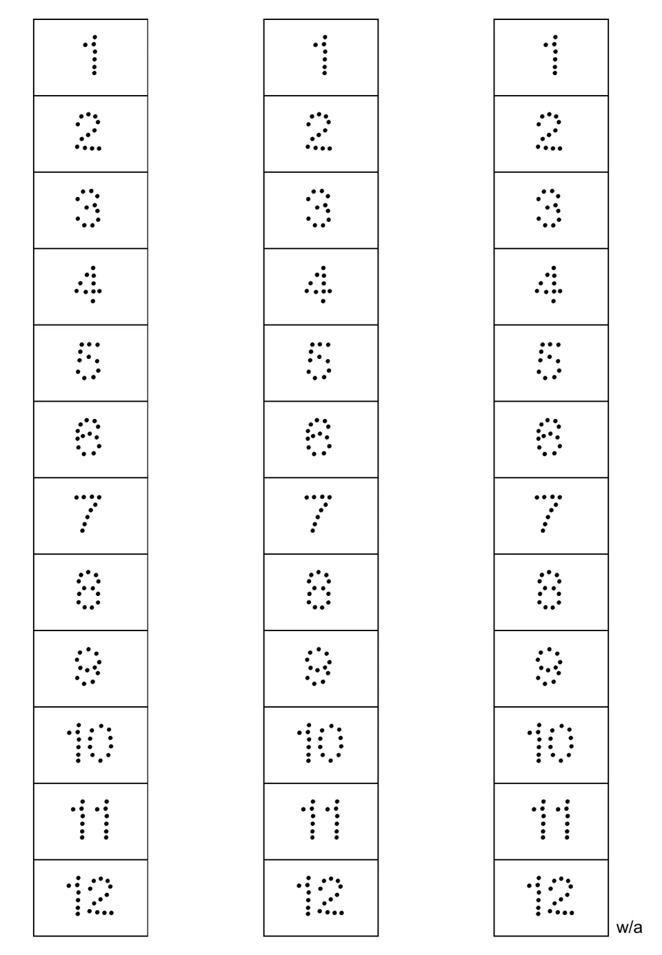 Number tracing strips showing 1 through 12 in widely spaced dots, with three complete copies to trace.