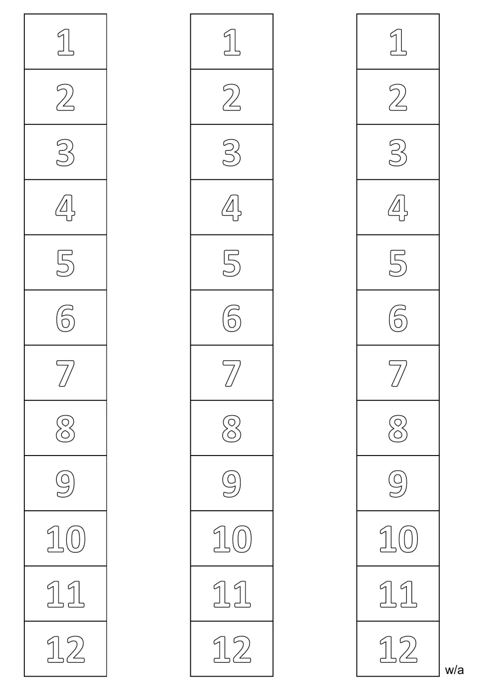 Math writing strips showing outlined numbers 1 through 12, repeated three times in the same numeral style.