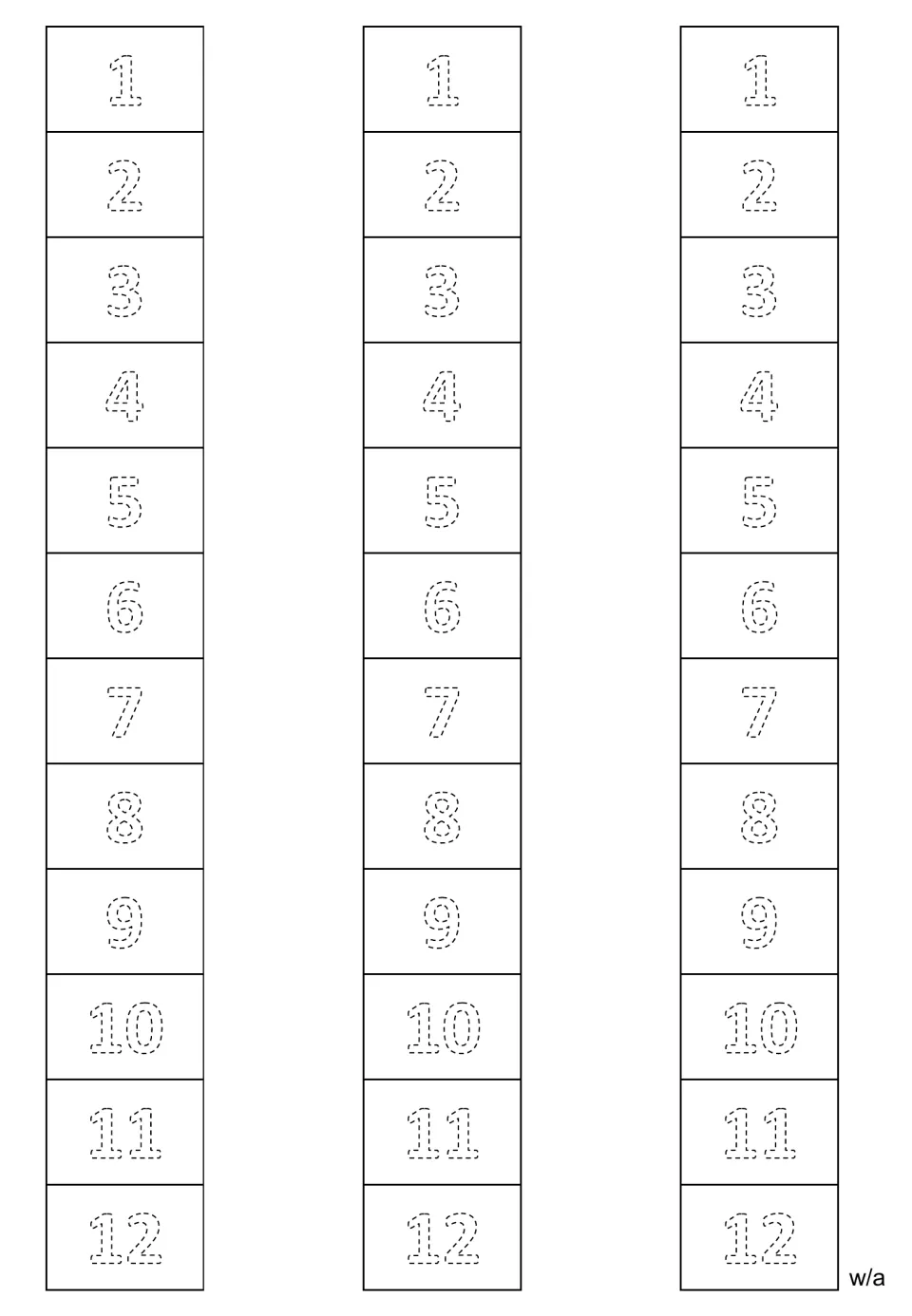 Number tracing strips showing 1 through 12 in dashed outlines, with three copies of the complete sequence.