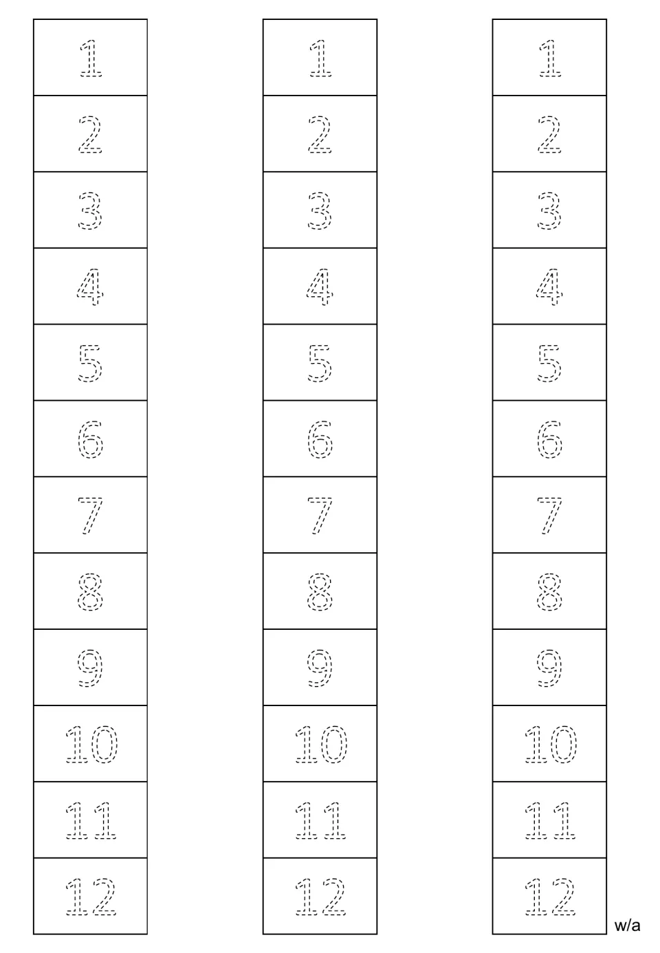Number tracing strips showing three copies of 1 through 12 in a second dashed outline numeral style.