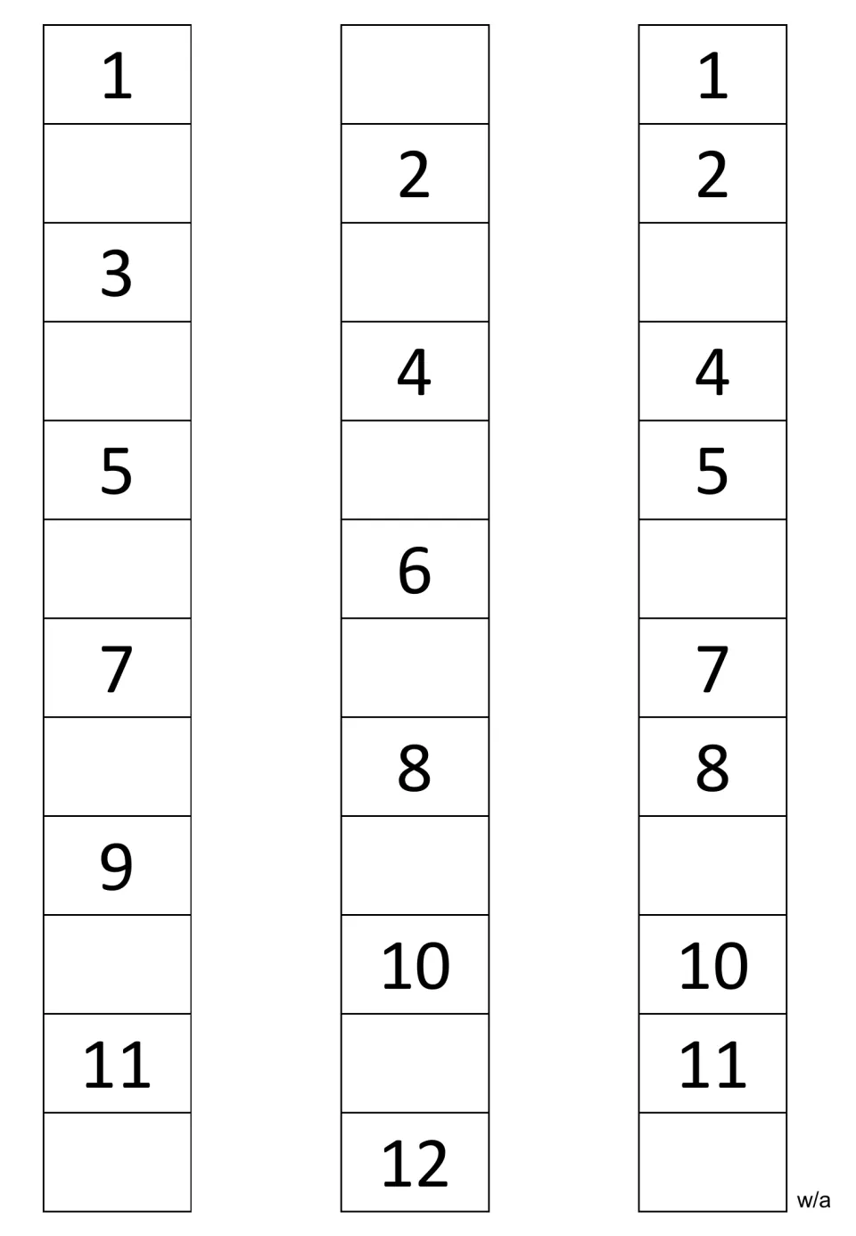 Missing-number strips for 1–12: odd numbers given, even numbers given, and a sequence missing 3, 6, 9, 12.