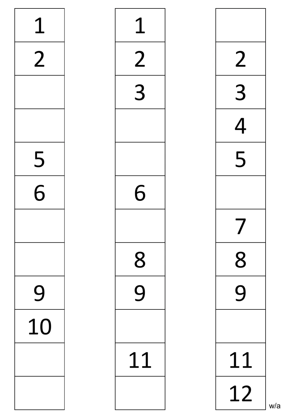 Missing-number strips for 1–12 include a sequence showing 1, 2, 5, 6, 9, 10 and two other partial sequences.