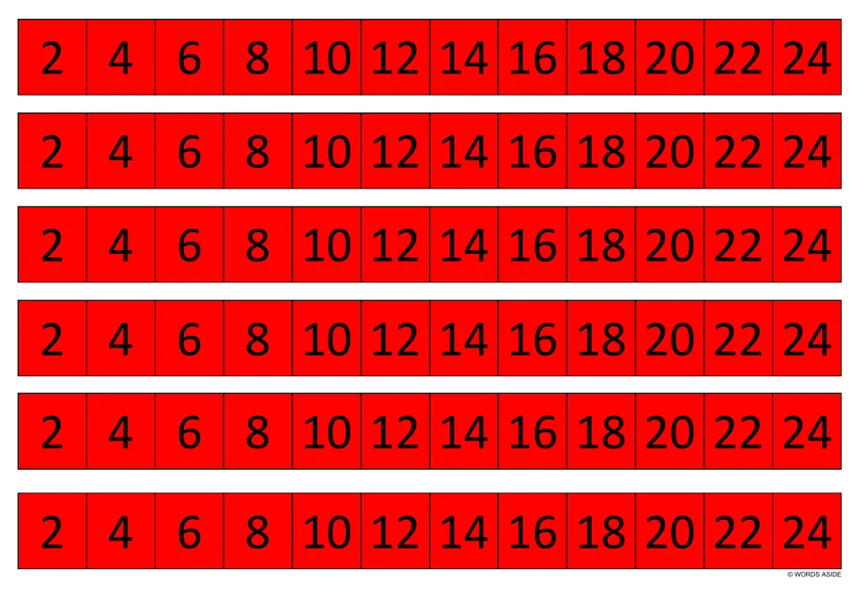 Red skip-counting strips: six rows of the multiples of two, 2 to 24, for reading the twos facts aloud or checking a product