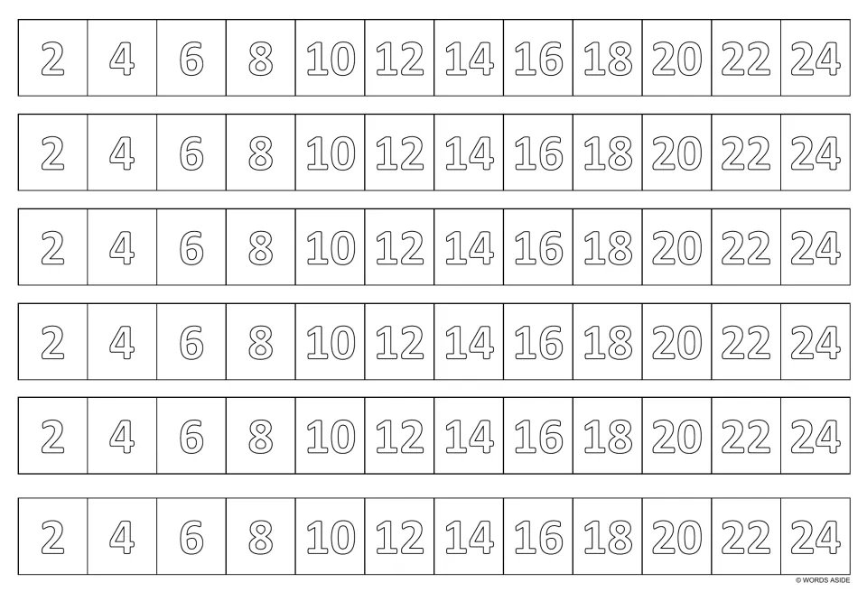 Multiplication writing practice strips in black and white: six copies of the multiples of 2 from 2 through 24.