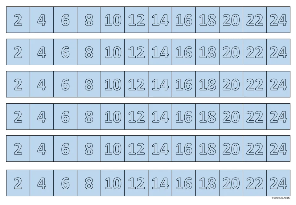 Multiplication writing practice strips in light blue: six copies of the multiples of 2 from 2 through 24.