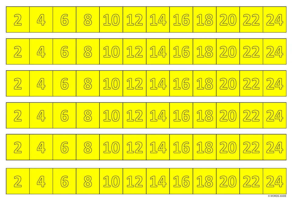 Multiplication writing practice strips in yellow: six copies of the multiples of 2 from 2 through 24.