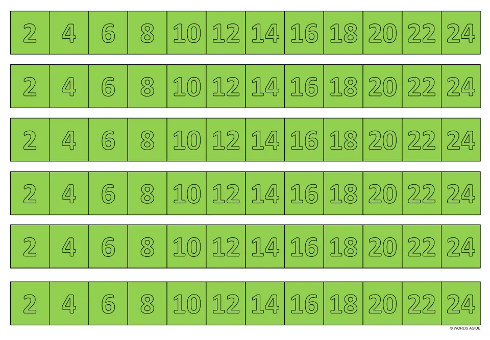Multiplication writing practice strips in green: six copies of the multiples of 2 from 2 through 24.