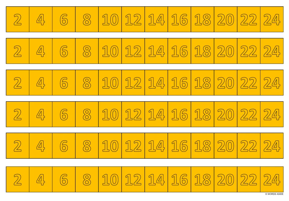 Multiplication writing practice strips in orange: six copies of the multiples of 2 from 2 through 24.