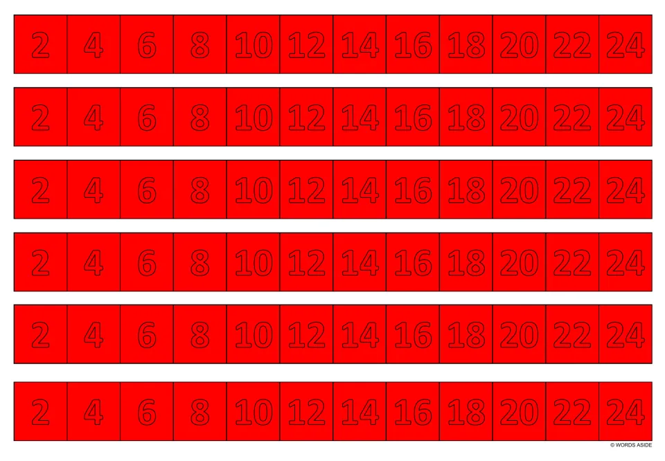 Multiplication writing practice strips in red: six copies of the multiples of 2 from 2 through 24.