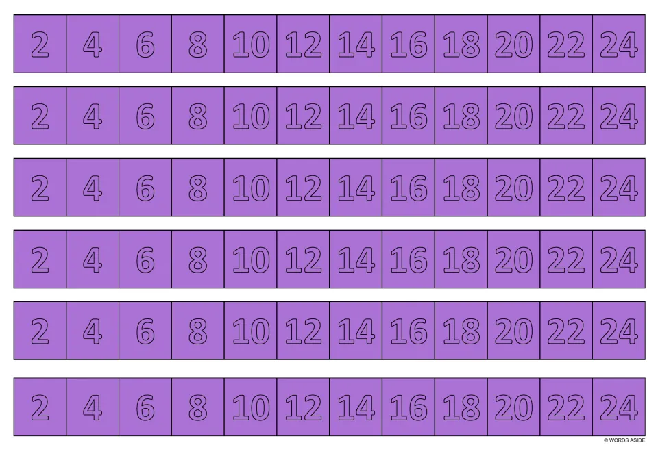 Multiplication writing practice strips in purple: six copies of the multiples of 2 from 2 through 24.