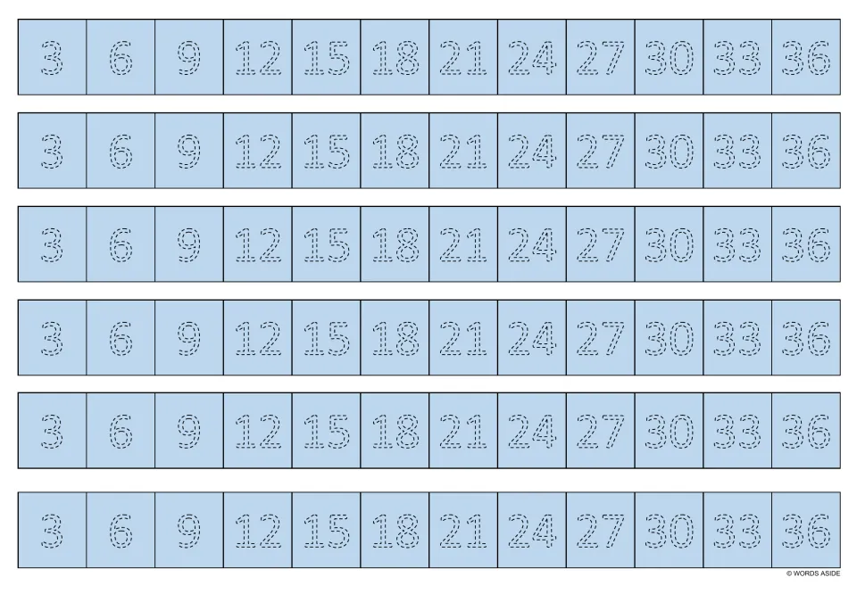Light blue multiplication tracing strips: six copies of 3, 6, 9, 12, 15, 18, 21, 24, 27, 30, 33 and 36.