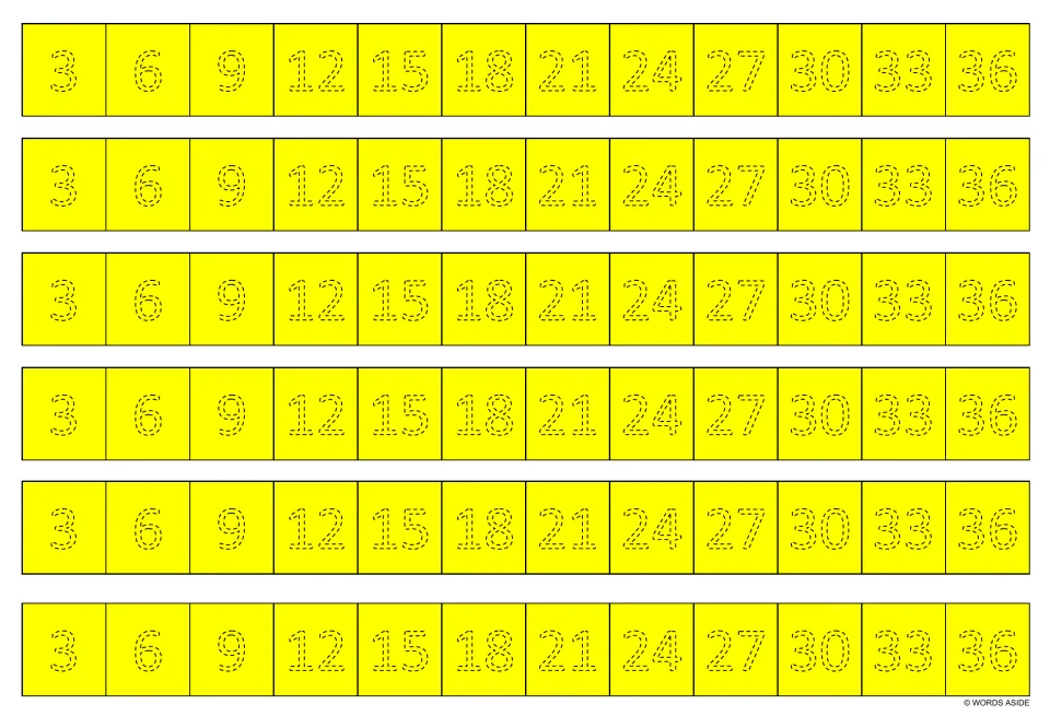Yellow multiplication tracing strips: six copies of 3, 6, 9, 12, 15, 18, 21, 24, 27, 30, 33 and 36.