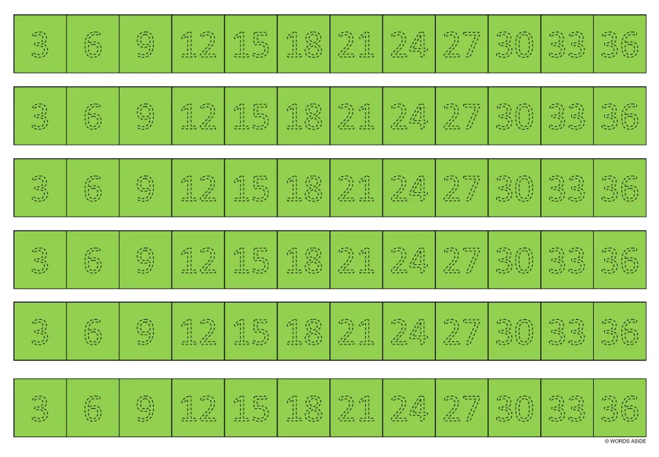 Green multiplication tracing strips: six copies of 3, 6, 9, 12, 15, 18, 21, 24, 27, 30, 33 and 36.