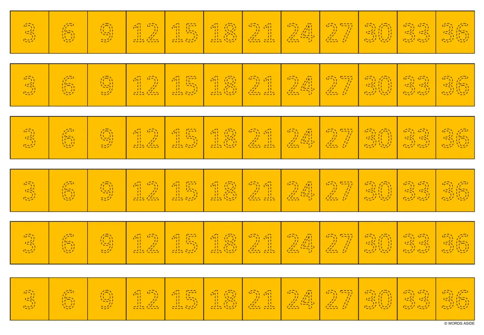 Orange multiplication tracing strips: six copies of 3, 6, 9, 12, 15, 18, 21, 24, 27, 30, 33 and 36.