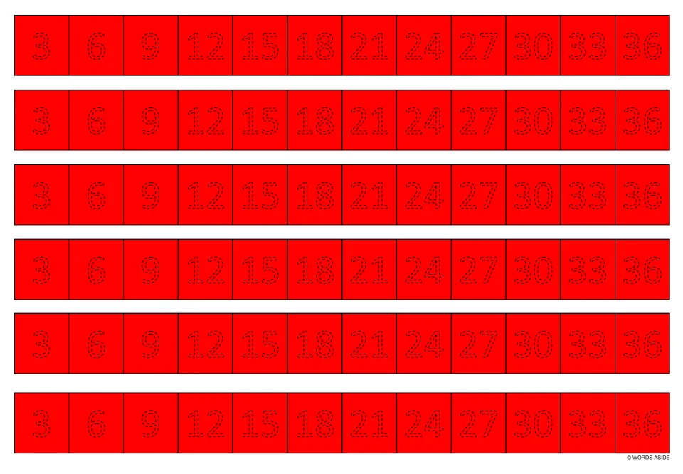Red multiplication tracing strips: six copies of 3, 6, 9, 12, 15, 18, 21, 24, 27, 30, 33 and 36.