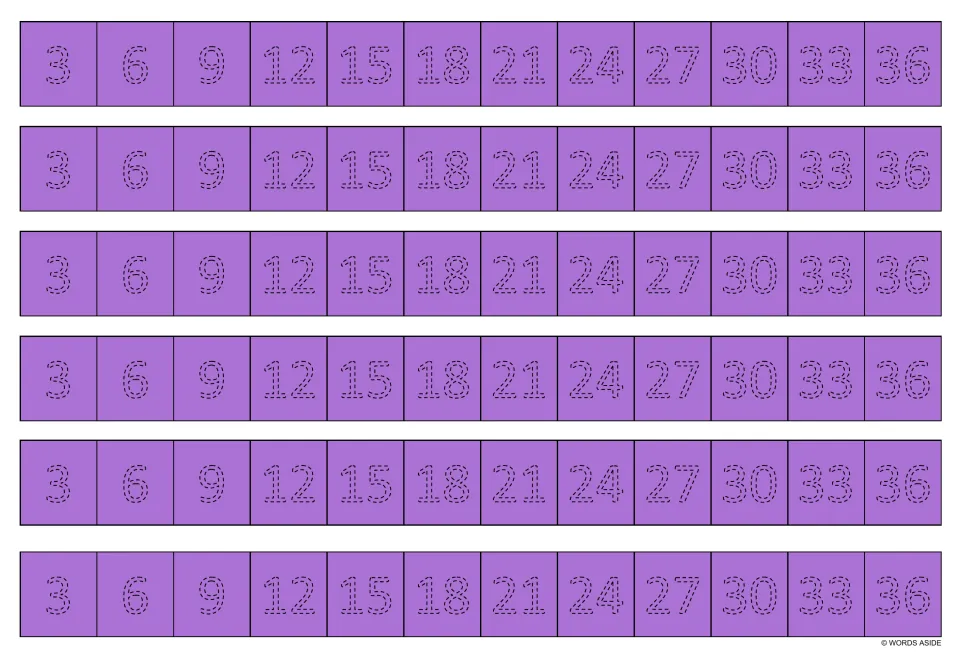 Purple multiplication tracing strips: six copies of 3, 6, 9, 12, 15, 18, 21, 24, 27, 30, 33 and 36.
